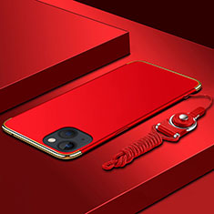 Coque Bumper Luxe Metal et Plastique Etui Housse avec Laniere pour Apple iPhone 14 Plus Rouge