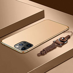 Coque Bumper Luxe Metal et Plastique Etui Housse avec Laniere pour Apple iPhone 14 Pro Max Or