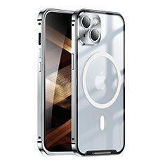 Coque Bumper Luxe Metal et Plastique Etui Housse avec Mag-Safe Magnetic Magnetique LK1 pour Apple iPhone 15 Argent