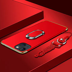 Coque Bumper Luxe Metal et Plastique Etui Housse avec Support Bague Anneau et Laniere pour Apple iPhone 13 Mini Rouge