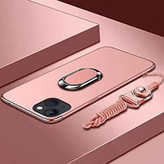 Coque Bumper Luxe Metal et Plastique Etui Housse avec Support Bague Anneau et Laniere pour Apple iPhone 14 Plus Or Rose
