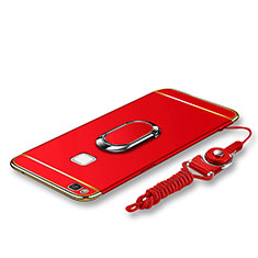 Coque Bumper Luxe Metal et Plastique Etui Housse avec Support Bague Anneau et Laniere pour Huawei P9 Lite Rouge