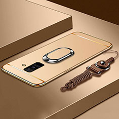 Coque Bumper Luxe Metal et Plastique Etui Housse avec Support Bague Anneau et Laniere pour Samsung Galaxy A6 Plus Or