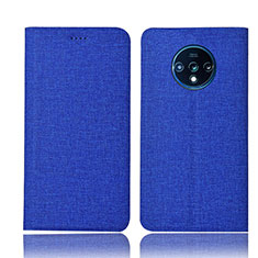 Coque Clapet Portefeuille Livre Tissu H01 pour OnePlus 7T Bleu
