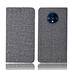 Coque Clapet Portefeuille Livre Tissu H01 pour OnePlus 7T Gris