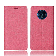 Coque Clapet Portefeuille Livre Tissu H01 pour OnePlus 7T Rose