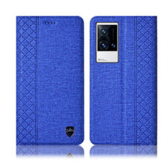 Coque Clapet Portefeuille Livre Tissu H12P pour Vivo iQOO 8 5G Bleu