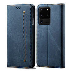Coque Clapet Portefeuille Livre Tissu pour Samsung Galaxy S20 Ultra 5G Bleu