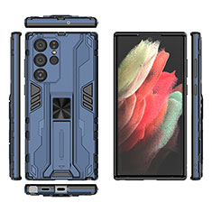 Coque Contour Silicone et Plastique Housse Etui Mat avec Aimant Magnetique Support A03 pour Samsung Galaxy S21 Ultra 5G Bleu