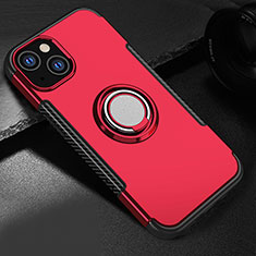 Coque Contour Silicone et Plastique Housse Etui Mat avec Aimant Magnetique Support A08 pour Apple iPhone 15 Plus Rouge
