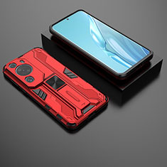 Coque Contour Silicone et Plastique Housse Etui Mat avec Aimant Magnetique Support KC2 pour Huawei P60 Art Rouge