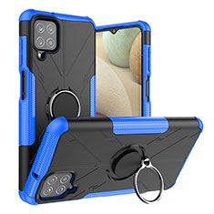 Coque Contour Silicone et Plastique Housse Etui Mat avec Magnetique Support Bague Anneau J01X pour Samsung Galaxy F12 Bleu