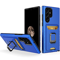 Coque Contour Silicone et Plastique Housse Etui Mat avec Magnetique Support Bague Anneau J03S pour Samsung Galaxy S22 Ultra 5G Bleu