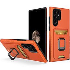 Coque Contour Silicone et Plastique Housse Etui Mat avec Magnetique Support Bague Anneau J03S pour Samsung Galaxy S22 Ultra 5G Orange