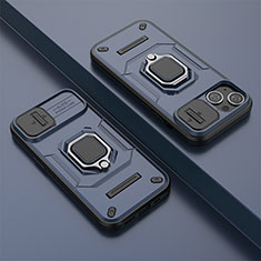 Coque Contour Silicone et Plastique Housse Etui Mat avec Magnetique Support Bague Anneau KC4 pour Apple iPhone 15 Plus Bleu