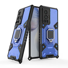 Coque Contour Silicone et Plastique Housse Etui Mat avec Magnetique Support Bague Anneau KC4 pour Vivo X70 Pro 5G Bleu