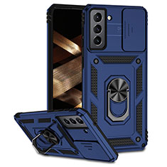 Coque Contour Silicone et Plastique Housse Etui Mat avec Magnetique Support Bague Anneau MQ6 pour Samsung Galaxy S21 FE 5G Bleu