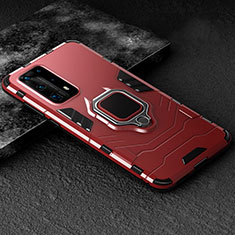 Coque Contour Silicone et Plastique Housse Etui Mat avec Magnetique Support Bague Anneau pour Huawei P40 Pro+ Plus Rouge