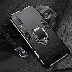 Coque Contour Silicone et Plastique Housse Etui Mat avec Magnetique Support Bague Anneau pour Samsung Galaxy A7 (2018) A750 Noir