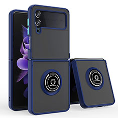 Coque Contour Silicone et Plastique Housse Etui Mat avec Magnetique Support Bague Anneau QW3 pour Samsung Galaxy Z Flip4 5G Bleu