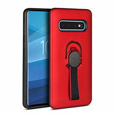 Coque Contour Silicone et Plastique Housse Etui Mat avec Magnetique Support Bague Anneau R03 pour Samsung Galaxy S10 Rouge
