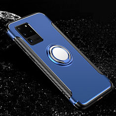 Coque Contour Silicone et Plastique Housse Etui Mat avec Magnetique Support Bague Anneau R03 pour Samsung Galaxy S20 Ultra 5G Bleu