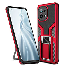 Coque Contour Silicone et Plastique Housse Etui Mat avec Magnetique Support Bague Anneau R04 pour Xiaomi Mi 11 5G Rouge