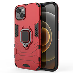 Coque Contour Silicone et Plastique Housse Etui Mat avec Magnetique Support Bague Anneau S01 pour Apple iPhone 14 Rouge