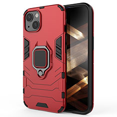 Coque Contour Silicone et Plastique Housse Etui Mat avec Magnetique Support Bague Anneau S01 pour Apple iPhone 15 Plus Rouge