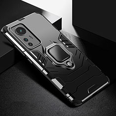 Coque Contour Silicone et Plastique Housse Etui Mat avec Magnetique Support Bague Anneau S01 pour Xiaomi Mi 12 5G Noir