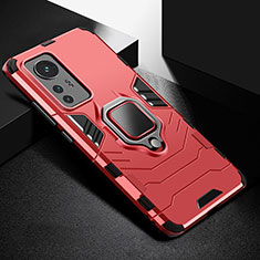 Coque Contour Silicone et Plastique Housse Etui Mat avec Magnetique Support Bague Anneau S01 pour Xiaomi Mi 12 5G Rouge