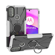Coque Contour Silicone et Plastique Housse Etui Mat avec Magnetique Support Bague Anneau S02 pour Motorola Moto E20 Blanc