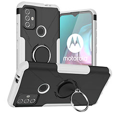 Coque Contour Silicone et Plastique Housse Etui Mat avec Magnetique Support Bague Anneau S02 pour Motorola Moto G10 Blanc