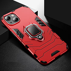 Coque Contour Silicone et Plastique Housse Etui Mat avec Magnetique Support Bague Anneau S03 pour Apple iPhone 13 Rouge