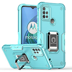 Coque Contour Silicone et Plastique Housse Etui Mat avec Magnetique Support Bague Anneau S05 pour Motorola Moto G10 Cyan