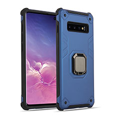 Coque Contour Silicone et Plastique Housse Etui Mat avec Magnetique Support Bague Anneau T01 pour Samsung Galaxy S10 Bleu et Noir