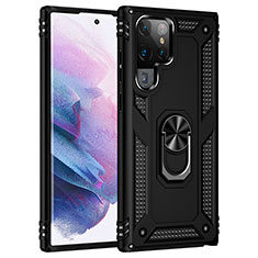 Coque Contour Silicone et Plastique Housse Etui Mat avec Magnetique Support Bague Anneau T02 pour Samsung Galaxy S21 Ultra 5G Noir