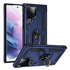 Coque Contour Silicone et Plastique Housse Etui Mat avec Magnetique Support Bague Anneau T03 pour Samsung Galaxy S21 Ultra 5G Bleu