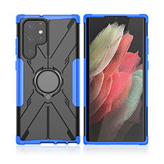 Coque Contour Silicone et Plastique Housse Etui Mat avec Magnetique Support Bague Anneau T09 pour Samsung Galaxy S22 Ultra 5G Bleu