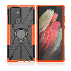 Coque Contour Silicone et Plastique Housse Etui Mat avec Magnetique Support Bague Anneau T09 pour Samsung Galaxy S23 Ultra 5G Orange