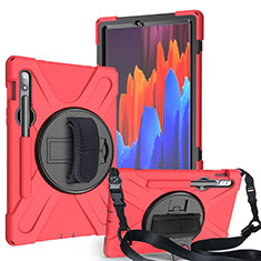 Coque Contour Silicone et Plastique Housse Etui Mat avec Support A02 pour Samsung Galaxy Tab S7 11 Wi-Fi SM-T870 Rouge