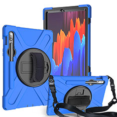 Coque Contour Silicone et Plastique Housse Etui Mat avec Support A02 pour Samsung Galaxy Tab S7 4G 11 SM-T875 Bleu