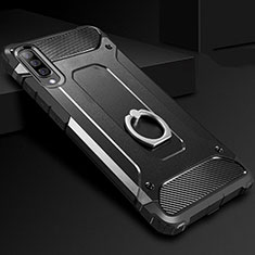Coque Contour Silicone et Plastique Housse Etui Mat avec Support Bague Anneau H01 pour Samsung Galaxy A70 Noir