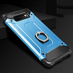 Coque Contour Silicone et Plastique Housse Etui Mat avec Support Bague Anneau H01 pour Samsung Galaxy S10 Bleu Ciel