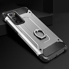 Coque Contour Silicone et Plastique Housse Etui Mat avec Support Bague Anneau N01 pour Samsung Galaxy Note 20 Ultra 5G Argent