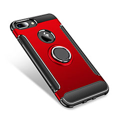 Coque Contour Silicone et Plastique Housse Etui Mat avec Support Bague Anneau pour Apple iPhone 8 Plus Rouge