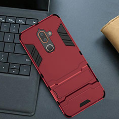 Coque Contour Silicone et Plastique Housse Etui Mat avec Support pour Nokia 7 Plus Rouge