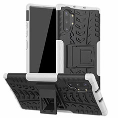 Coque Contour Silicone et Plastique Housse Etui Mat avec Support R01 pour Samsung Galaxy Note 10 Plus 5G Blanc