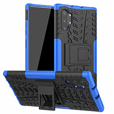 Coque Contour Silicone et Plastique Housse Etui Mat avec Support R01 pour Samsung Galaxy Note 10 Plus Bleu