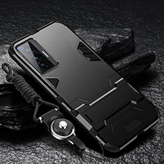 Coque Contour Silicone et Plastique Housse Etui Mat avec Support R01 pour Vivo X70 5G Noir